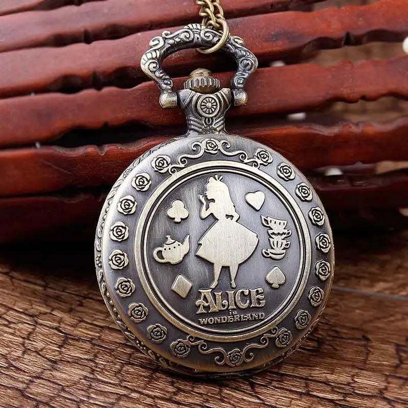 

Alice in Wonderland Flower Rose Engrave Pocket Watch Fob Chain Clock Flip Bronze Case Watch Vintage Male Watches Men Women Gifts