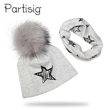 Детская шапка, хлопковый помпон с искуственным мехом, шапка для мальчика, зимняя шапка, шарф, комплект с принтом, шапка для девочки, шапочка, детская шапка