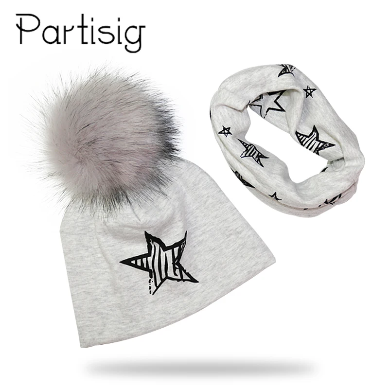 

Baby Cap Cotton Faux Fur Pompom Hat For A Boy Winter Hat Scarf Set Printing Girls Cap Bonnet Baby Hat
