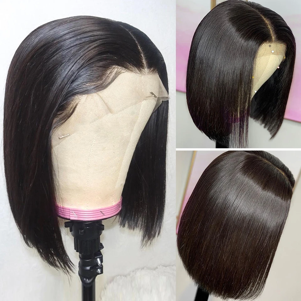 13*4 человеческие волосы на кружеве парики для женщин черные бразильские волосы remy человеческие волосы короткие прямые волосы боб парик отбеленные узлы Slove Rosa