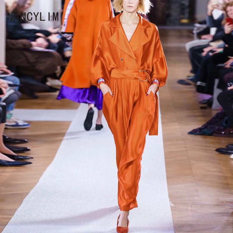 

Temperament Large Lapel Long Sleeve Loose Comfortable Jumpsuit for Woman Satin Fabric Lace Waist Double-breasted Pants