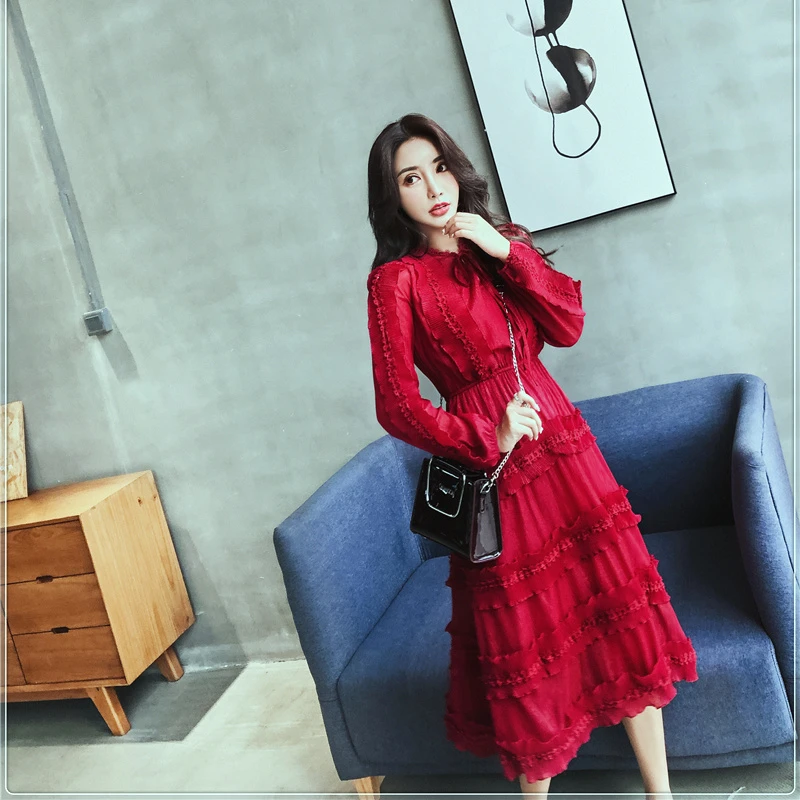 

Elegant Lace Patchwork Chiffon Party Women Dresses 2020 Autumn Sweet Ruffle Layer Long Sleeve Cake Dress Vintage Vestidos