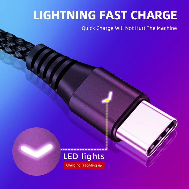 KSTUCNE Тип usb C кабель 1,2 м/1,8 м светодиодный 2.4A быстрой зарядки кабель usbc для samsung A50 A70 A30 huawei P30 P20 Lite Тип usb-usb-c