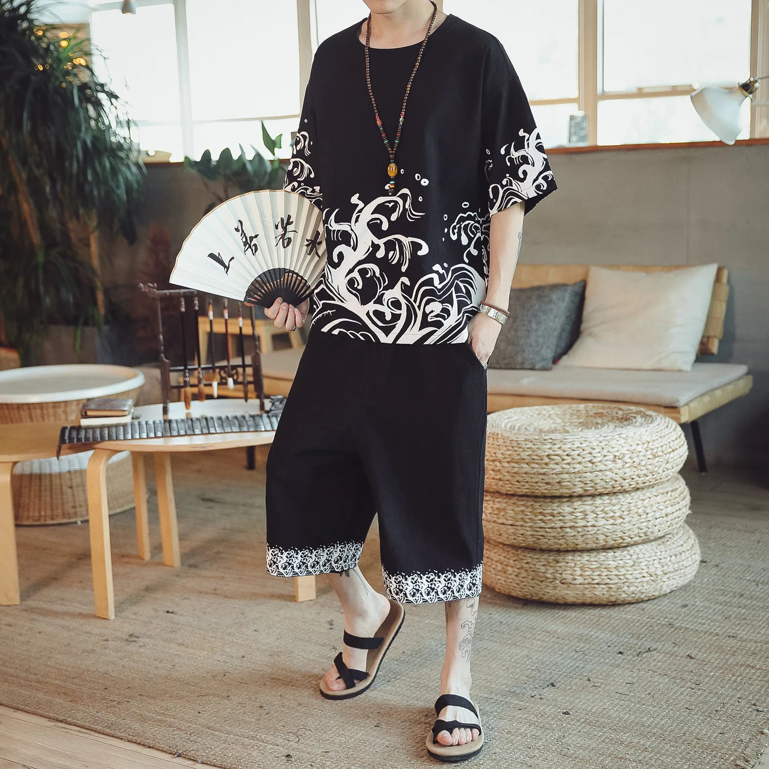 

Summer Cotton Linen Set Men Flax Short Sleeve T-shirt Trend Loose-Fit Chinese-style Casual Short Sleeve Capri Pants Set