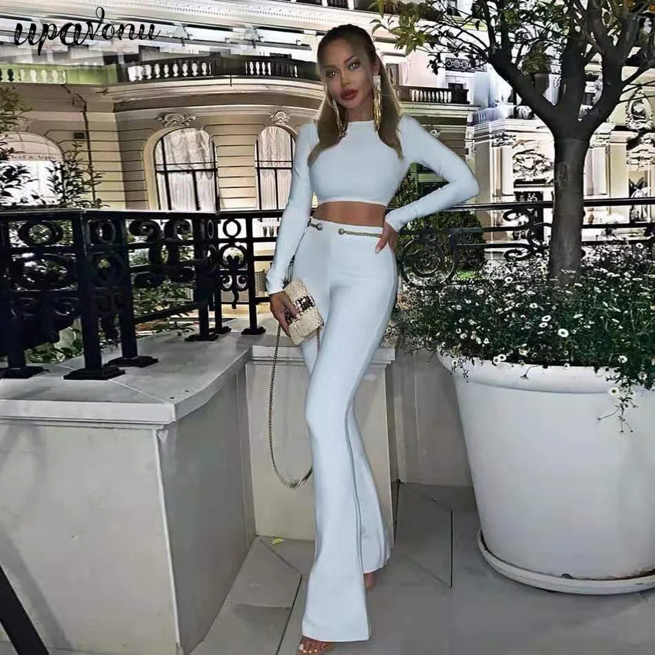 Nueva moda 2019 mujeres conjunto de ropa blanca de alta calidad vendaje dos  piezas traje Top y pantalones 2 piezas vendaje Set|Trajes de pantalón| -  AliExpress