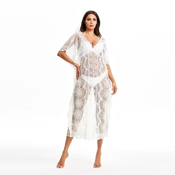 

Kaftan Beach Wear Women's Swimsuit Cover Up Pareos Woman Free Shipping Dresses New Lace 2020 Bikini Clothes Dress Solid Cotton