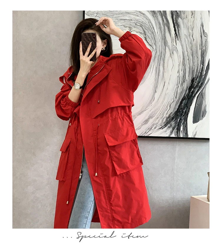 New 2021 Spring Autumn Long Trench Coat Women Loose Hooded Overcoat Female Adjustable Waist Outerwear Korean Fashion Windbreaker puffer coat with fur hood