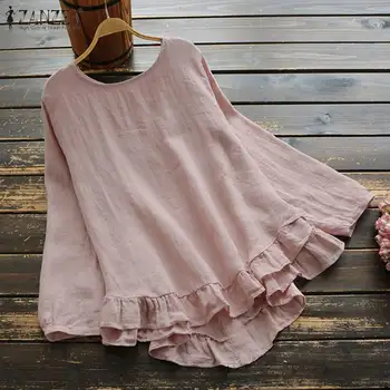 

Vintage Women Ruffles Blouse ZANZEA Spring O Neck Long Sleeve Tops Casual Loose Cotton Linen Shirts Plus Size Blusas Femininas