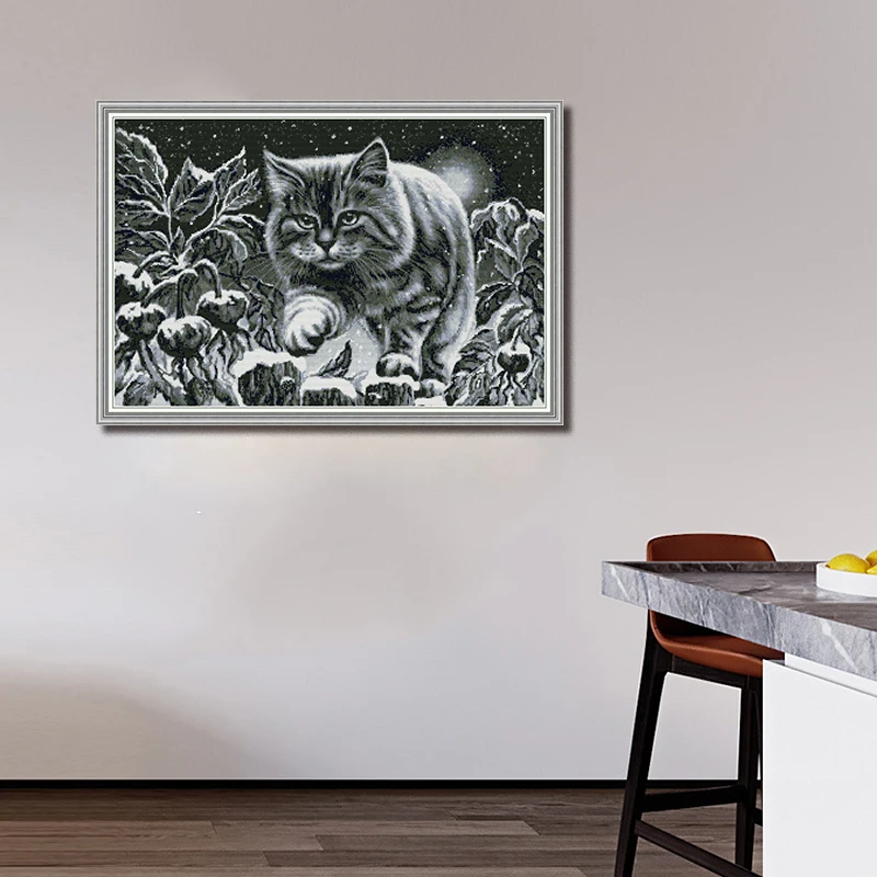 Joy Sunday Cat in snow night Наборы для вышивания крестиком с принтом Китайская вышивка рукоделие подходит для подвешивания в гостиной