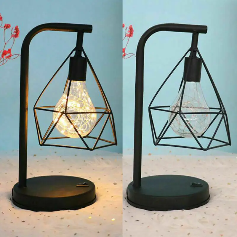 LED Table Lamps Retro Black Geometric Wire Industrial LED Light Bulb Table Lamps Bed Side Battery Table Lamp