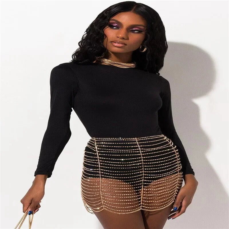 

2021 new sexy high waist metal chain skirt women's summer beach Rhinestone mini skirt Vintage short skirt nightclub party skirt