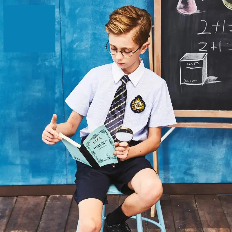 

School Formal Boys Short Sleeve Turnover Collar Student Blue Wear England Shirt Cotton Summer Stripe Men's College Uniform