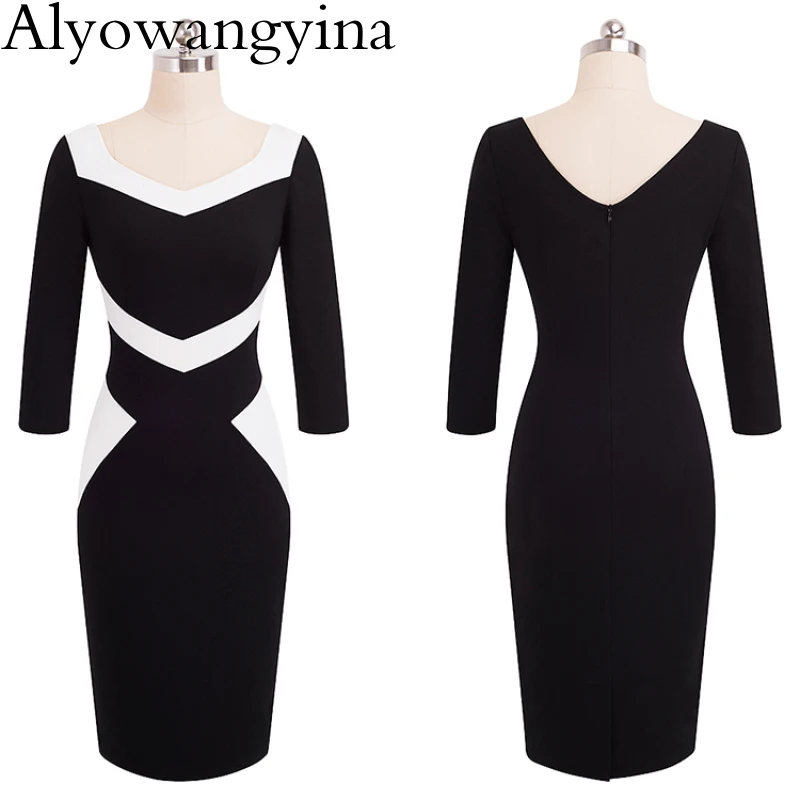 Alyowangyina,, платье, женское, модное, с цветными блоками, одежда для работы, vestidos, облегающее, женское, офисное, деловое, облегающее платье, B411