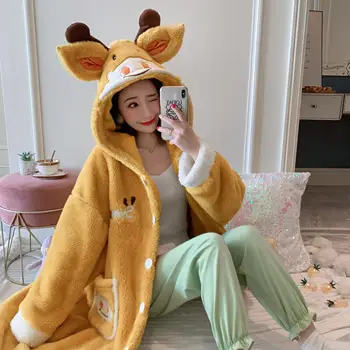 

Elk Women Yellow Robe Buttons Bathrobe Girls Christmas Deer Winter Nightgown Pockets Sleepwear With Hat Bath Night Dress Gown