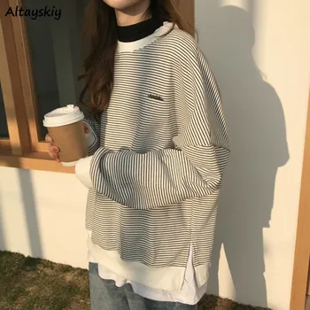 

Hoodies Women Striped Retro Autumn Fake Two-piece Loose Hoodie Harajuku Loose Tops BF Womens Teenagers Leisure Soft New Daily