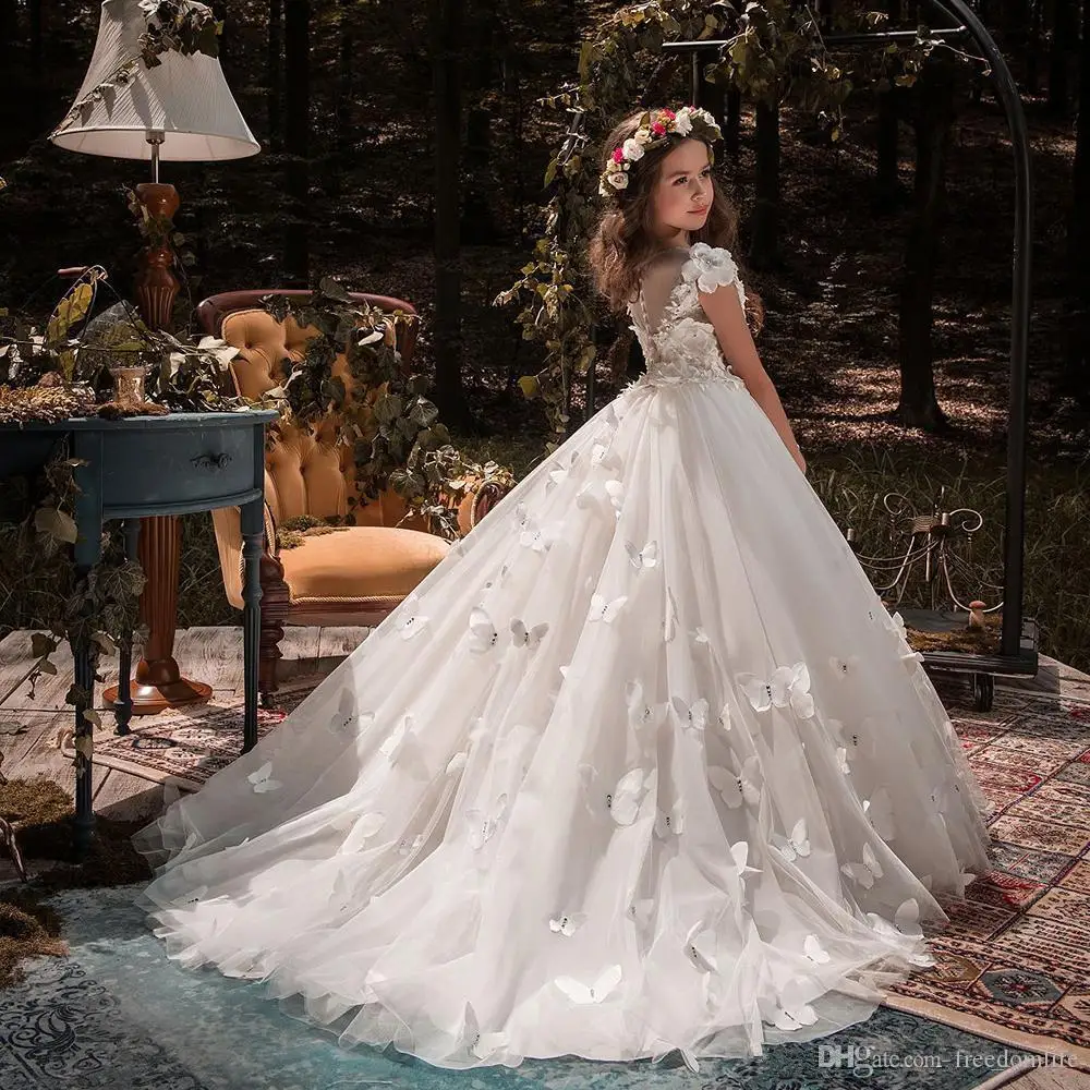 

Butterfly Flower Girl Dresses Applique First Communion Party Prom Princess Gown Bridesmaid Wedding with Train Formal Girl Dress
