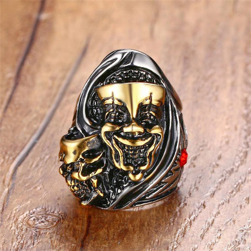 

NHGBFT Classic Two Heads Ring Mens Stainless Steel Punk Rock Ghost head ring Male Jewelry
