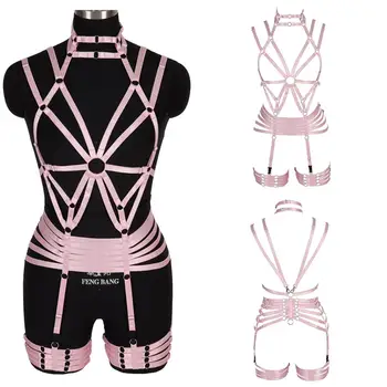 

Chest Harness Belt Pink Lingerie Set Goth Punk Bondage Garter Belt Leg Strappy Adjust Party Rave Suspenders Sexy Women Bra