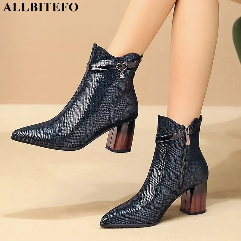 

ALLBITEFO high quality genuine leather pointed toe high heels ankle boots for women winter snow martin boots women boots