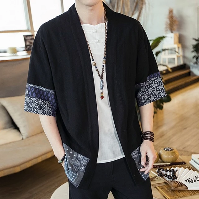 Casual Linen Men's Cardigan Kimono Shirt Samurai Costume Black / L