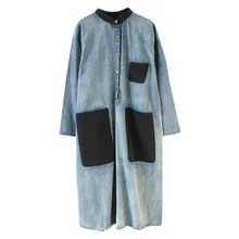 

Denim Sundress Women Mid-Calf Dress Vintage Denim Vestido Jeans Maxi Casual Long Sleeve Pockets Loose Denim Shirt Dresses