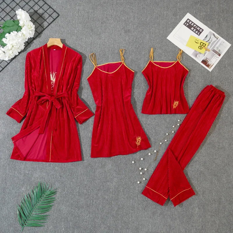 Autumn Winter Warm 3 Pieces Pajamas Set Sexy Pajamas Sleepwear For Women Feather embroidery Strap Nightwear Long Pant Robe