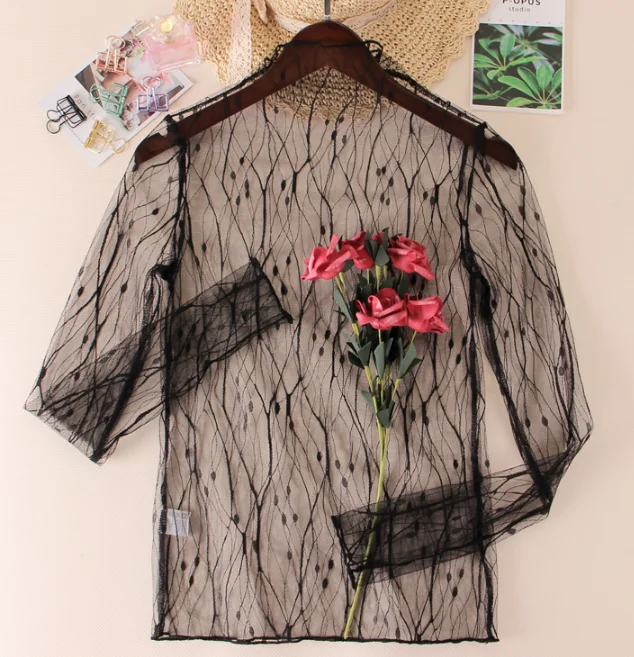 Прозрачная Кружевная нижняя рубашка женская тонкая с длинными рукавами