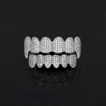 

Custom Fit Hip Hop Shiny Full Iced Out AAA Cubic Zircon Crystal Teeth Grill Gold Fang Top & Bottom Grill Set