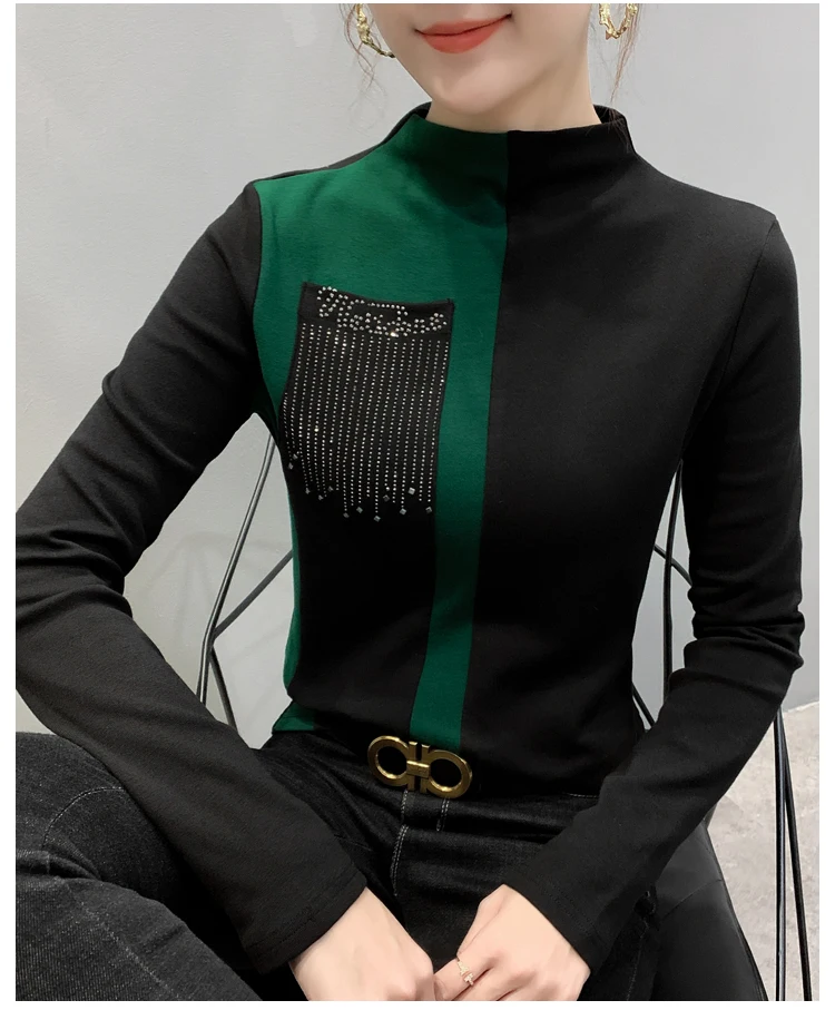 Blusas Mujer De Moda, Корейская тонкая рубашка с длинным рукавом для женщин, модные офисные женские топы, повседневные топы с круглым вырезом и стразами 7840 50