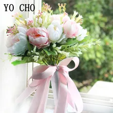 YO CHO Bridal Bouquet Flower Artificial Silk Peony Champagne White Flower Bouquet Handmade Peony Bridesmaids Wedding Bouquets