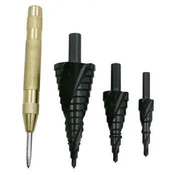 

4pcs/Set HSS Spiral Flute Step Drill 5In Automatic Center Pin Punch Step Drill Power Tool & Air Tool Accessories Drill Bits