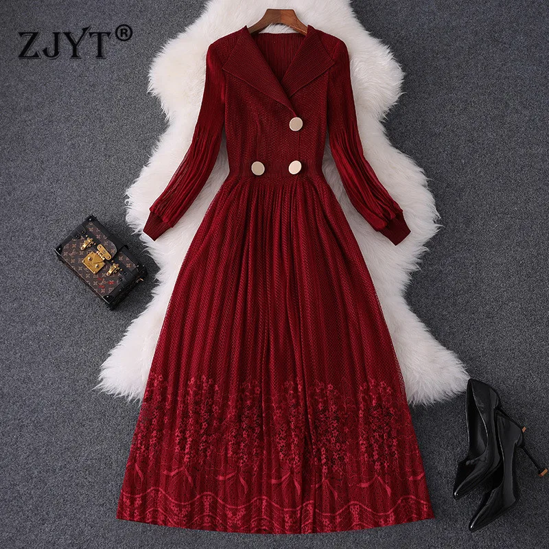 

New 2019 Autumn Dress Woman Clothes Fashion Designer Full Sleeve Hollow Out Lace Patchwork Mid Calf Party Dresses Black XXL Size