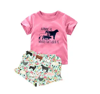 

boutique outfits children's clothes pink cow pattern top print shorts children's suit