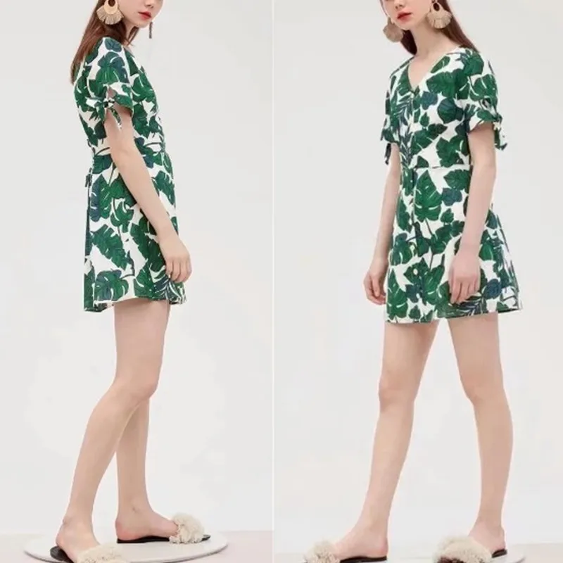 

Skirt Summer Women's 2018 New Style Hipster Green Leaf Waist Hugging A- line Skirt Europe And America Short Sleeve V-neck Floral