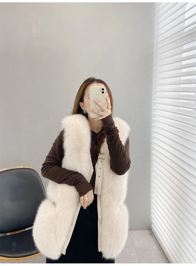 Real Natural Fox Fur Coat For Women Luxurious Warm Fashionable Sleeveless Dark Buckle Jacket High Quality New Winter 2021 black down jacket