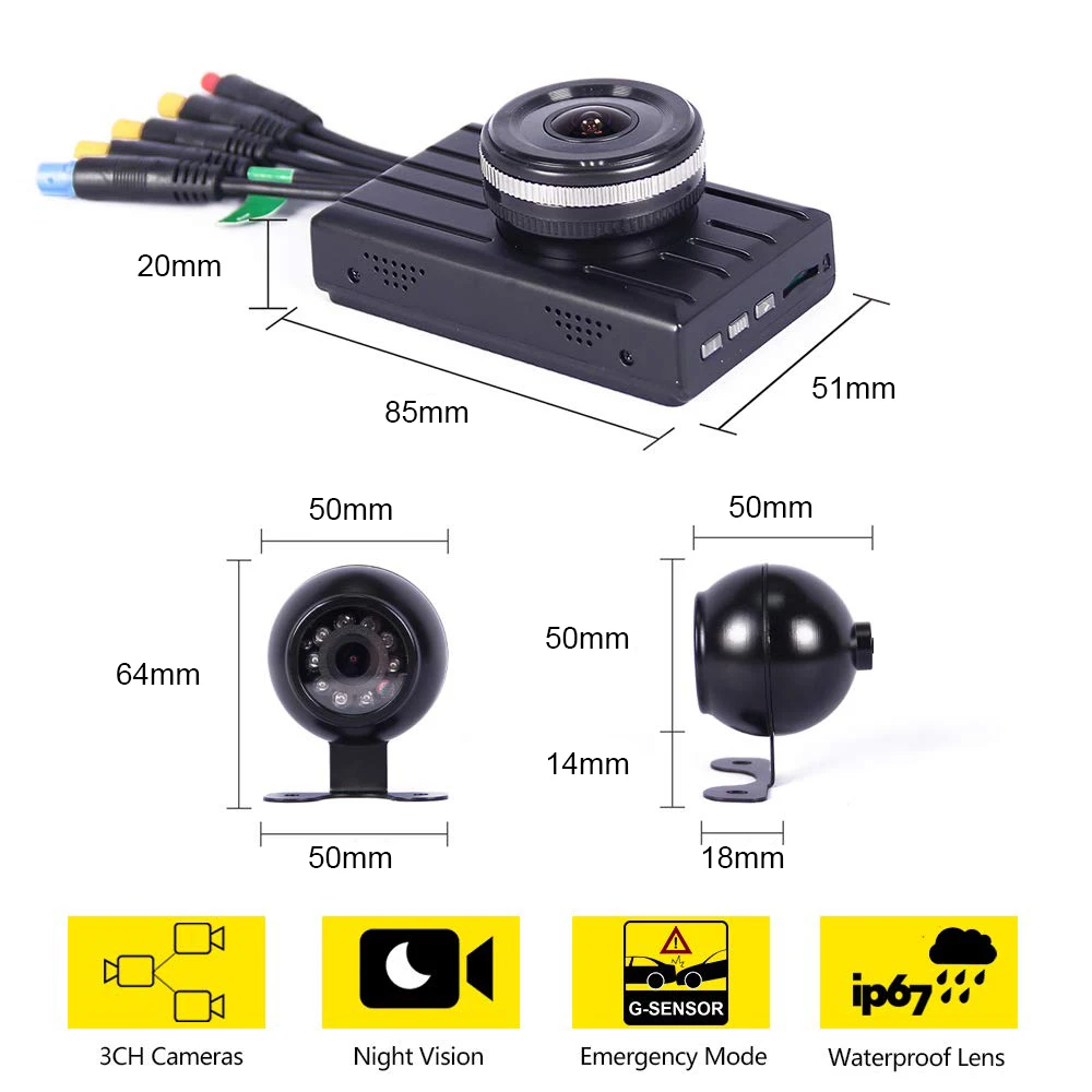 Full HD 1080P грузовик Dash Cam 3CH камера DVR двойной ночного видения водонепроницаемый