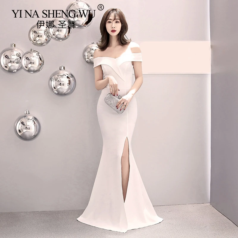 Вечернее платье, сексуальное, с открытыми плечами, Robe De Soiree, одноцветные, на молнии, женские платья "рыбий хвост" для вечеринки, новые, с вырезом лодочкой, элегантные, вечерние платья