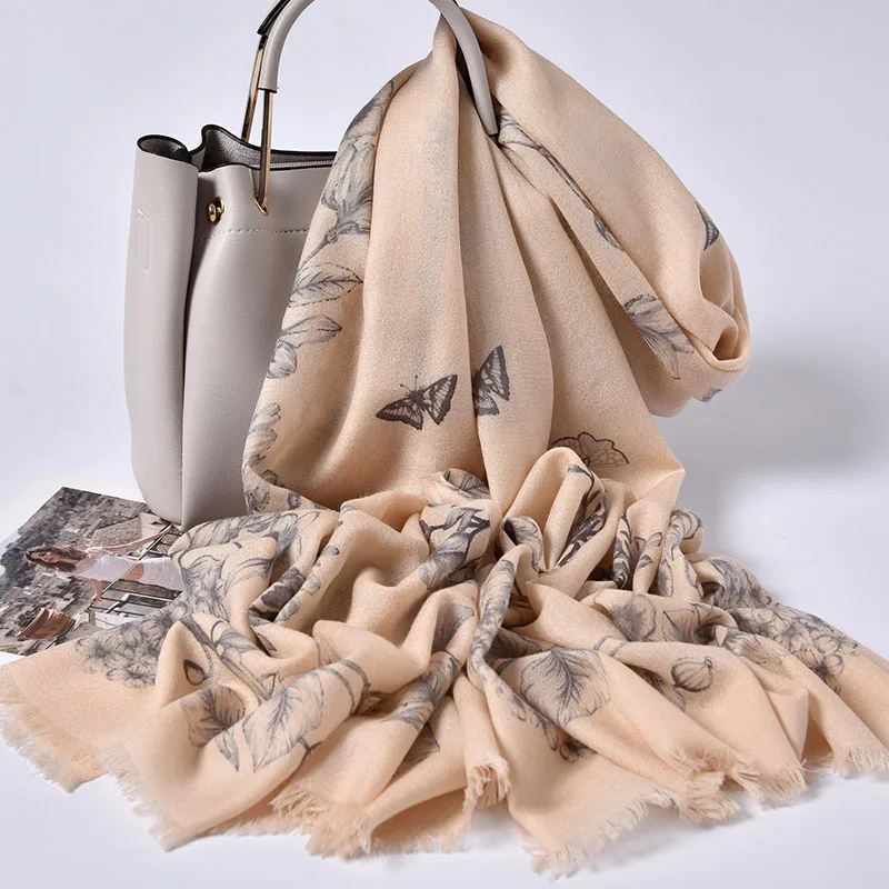 

Женский шарф из 100% шерсти, зимний шарф из натуральной шерсти с цветочным принтом и бабочками