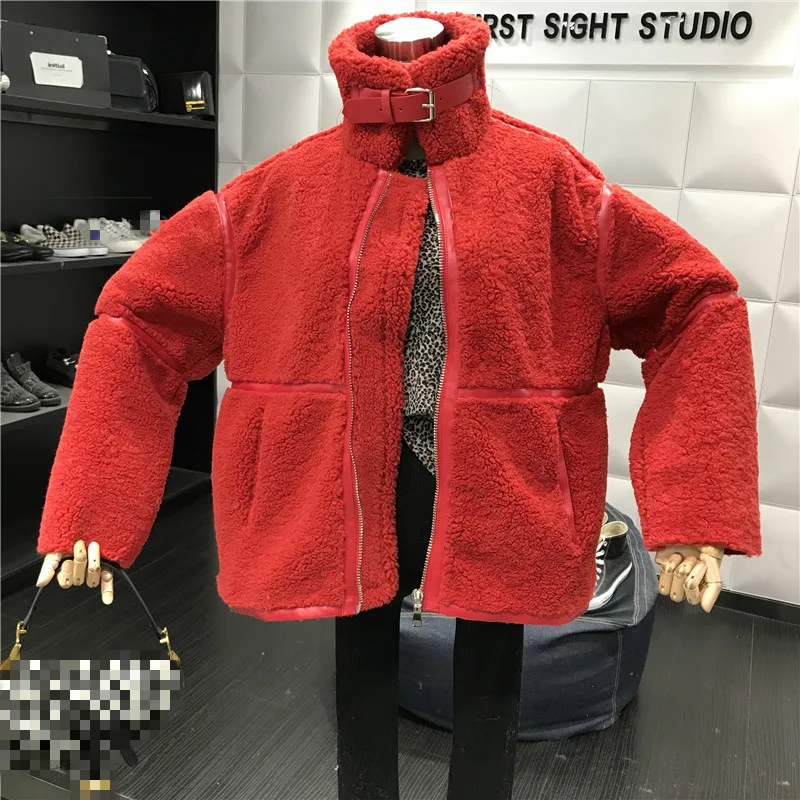 Neploe Turn Down Collar Zipper Fur-integrated Lamb Fur Warm Cardigan Coat Fashion Patchwork Loose Thicked Jacket Winter - Color: red