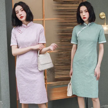 

Girl Short Sleeve Classic Cotton Linen Chinese Female Cheongsam Slim Sexy Qipao Mandarin Collar Summer Vestidos