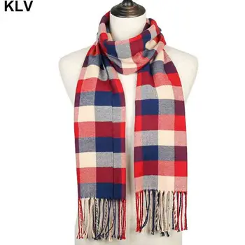 

195x33cm Women Men Winter Pashmina Shawl with Fringe Tassels Soft Knitted Warm Scarf Contrast Color Plaid Printed Neck Wraps