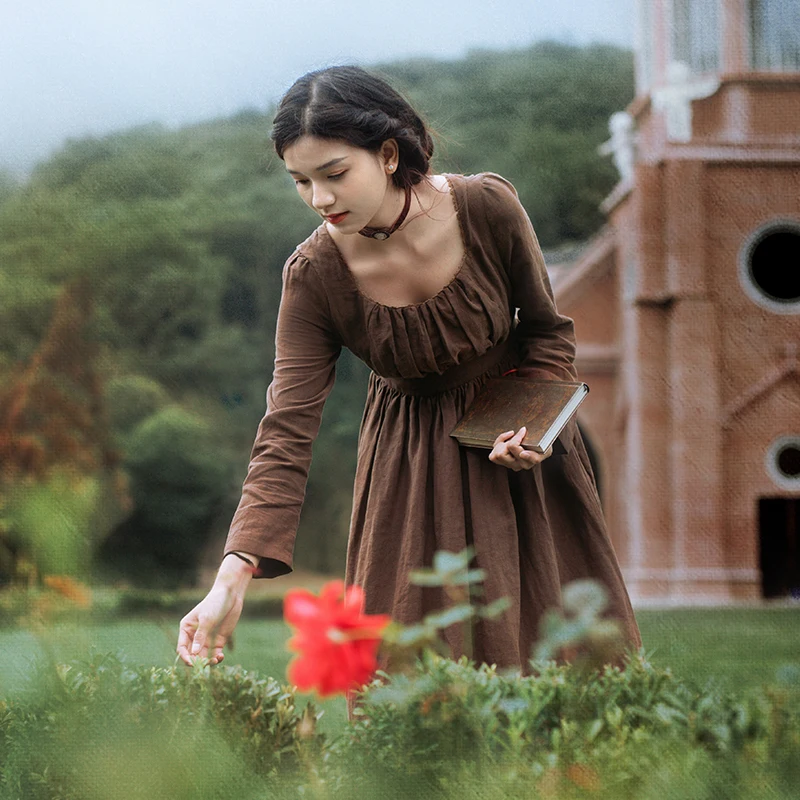 Spring Autumn Women 100%Linen Coffee Long Dress