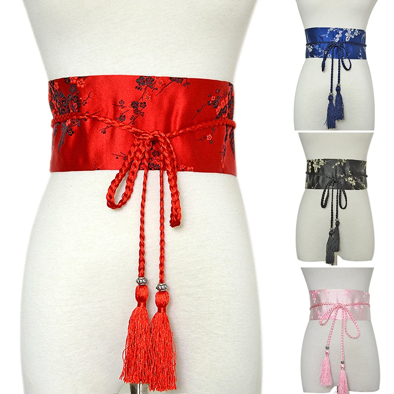 women's belts Fashion Kimono Belt Ribbon Female Retro Floral Print Waistband Wide Corset Bathrobe Waistband Tie Belt Waist Belts For Dress white waist belt