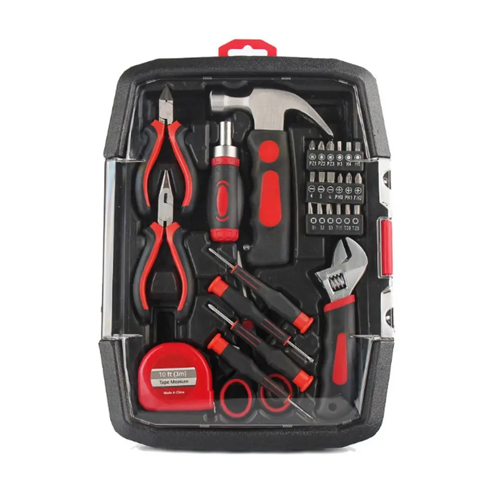 

Household Repair Hand Tool Kit Set with Plastic Storage Case Hammer Pliers Wrench Screwdriver Bits Tape measure
