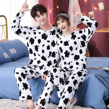 

Winter Flannel Women&men Pajamas SET Thick Sleepwear Warm Pyjamas Suit Soft Sleepwear Cartoon Coral Fleece 2 PCS Shirt&pant