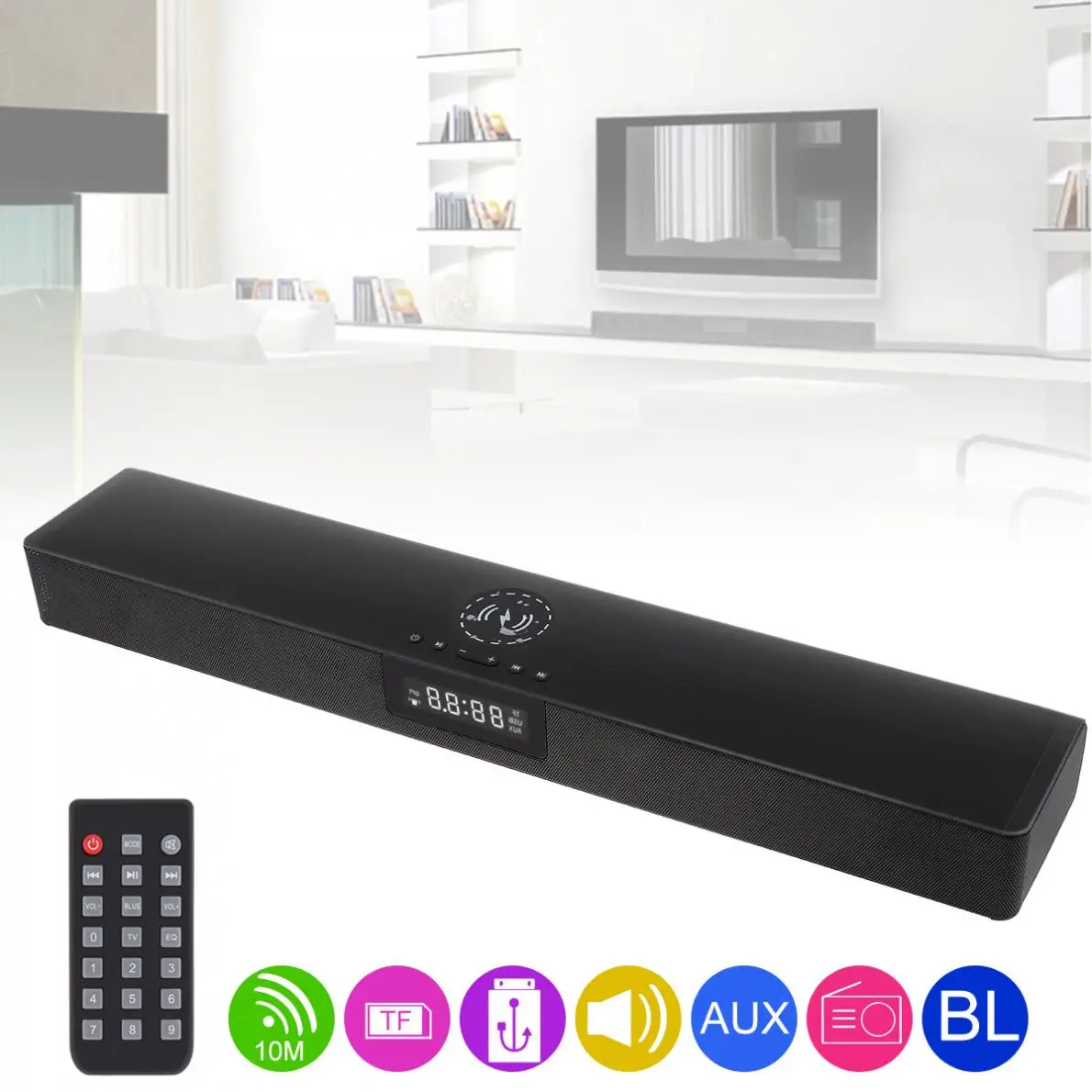 

Rsionch Soundbar Home Theater Bluetooth Speaker Subwoofer TV PC Wireless Charging and Alarm Clock for Smartphone Remote Control