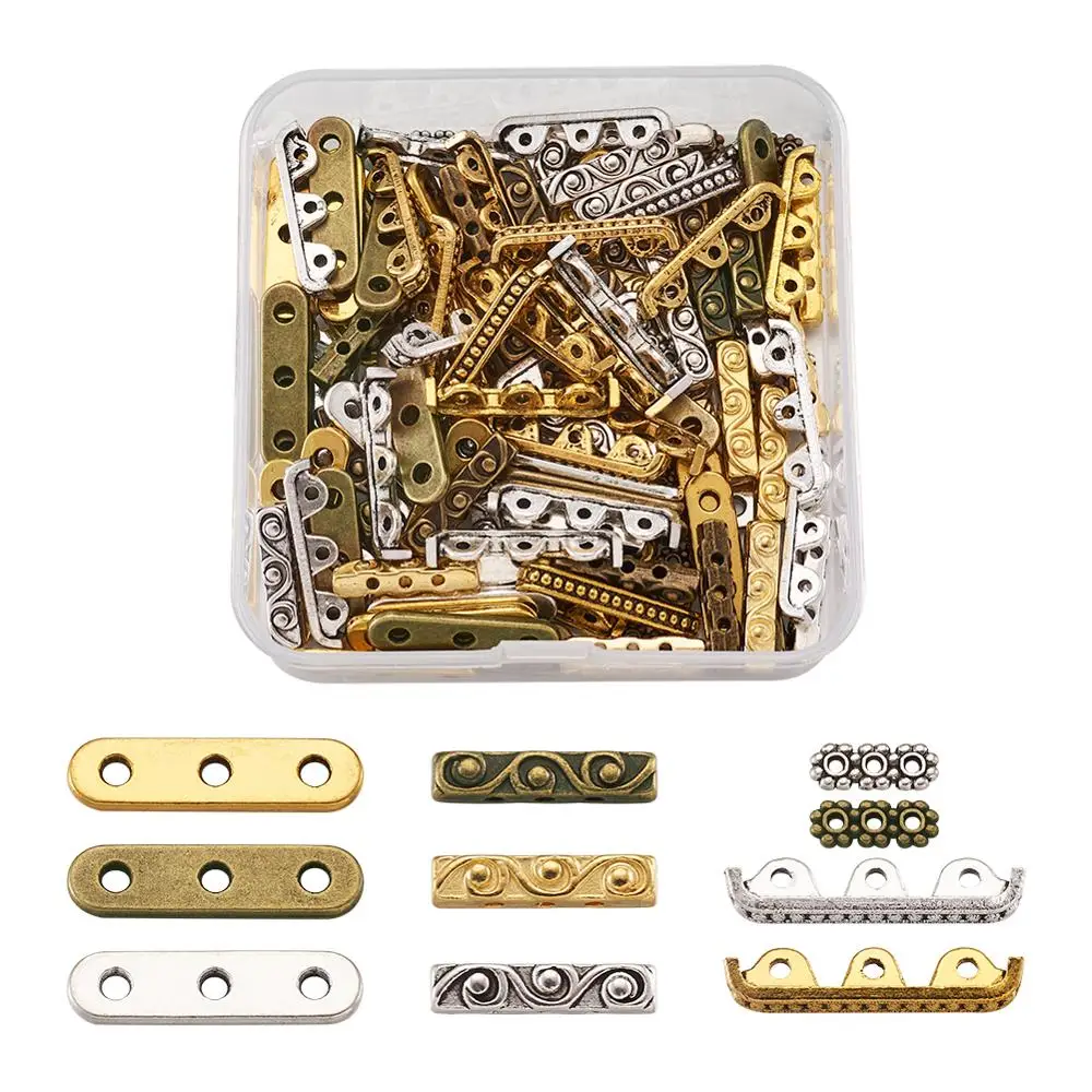 

150pcs/box 3 Holes Tibetan Style Alloy Spacer Bars Beads Connectors For DIY Bracelet Jewelry Making Findings Mixed Color