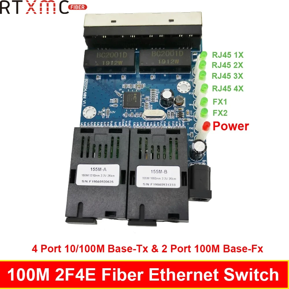 Interruptor Ethernet Fast Erhetnet 2F4E de 10/100M, 2 puertos de fibra SC, 25KM, 4 UTP, RJ45, fibra óptica, placa PCBA