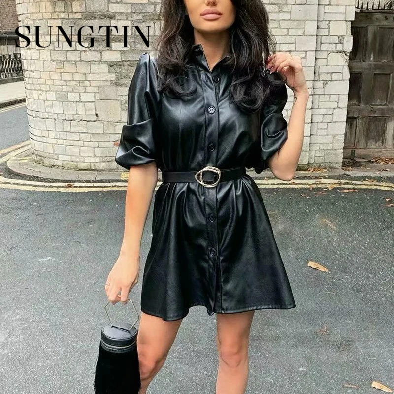 Sungtin Faux Leather Long Shirt Dress 