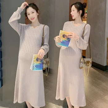

737# Autumn Winter Korean Fashion Knitted Maternity Long Dress Slim Clothes for Pregnant Women Sweet Pregnancy Dress